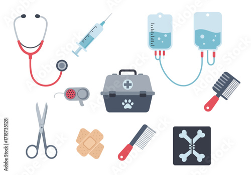 Vet tools include stethoscope syringe IV bags carrier scissors bandage combs Xray