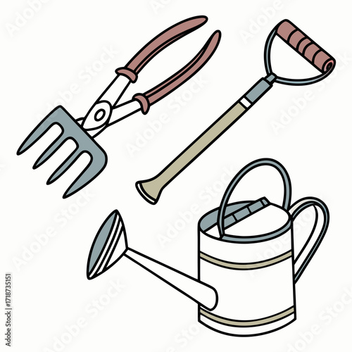 Colorful Garden Tools Including Watering Can and Hand Fork