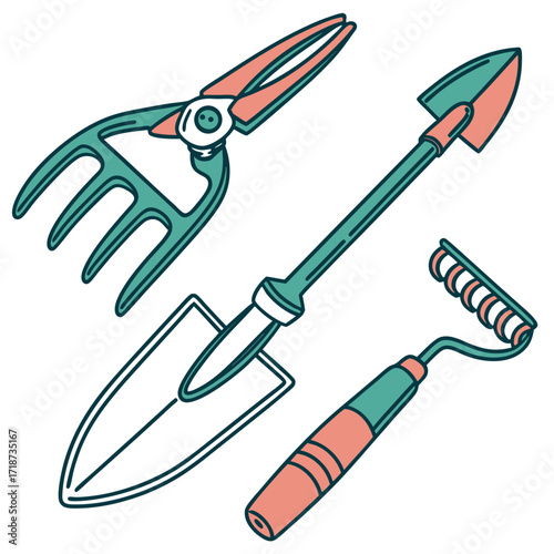 Colorful Hand Drawn Garden Tools Set gardening rake