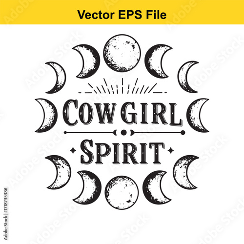 Cowgirl spirit text with moon phases isolated on white background