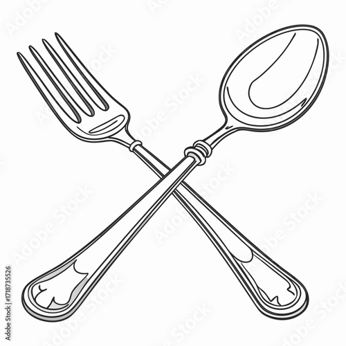 Crossed Fork and Spoon Outline Illustration Keywords: fork, spoon, cutlery, utensil, eating