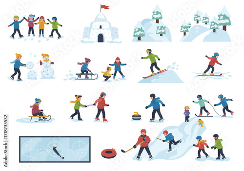 Winter scene featuring kids partaking in seasonal activities with snowcovered hills and a snow fort