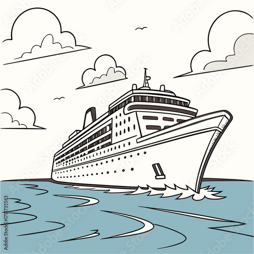 Cruise ship sailing through blue water with clouds Keywords: cruise ship, ocean liner, travel
