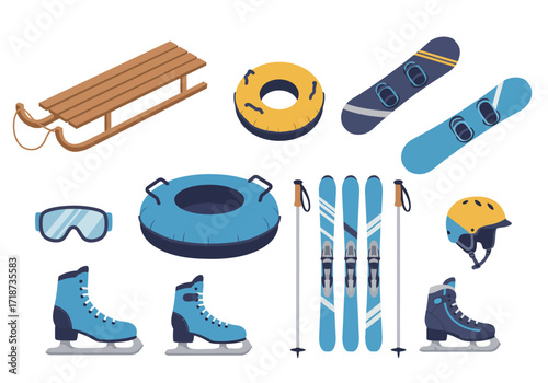 Winter sports gear sled snowboards skis tubes skates goggles helmet  poles