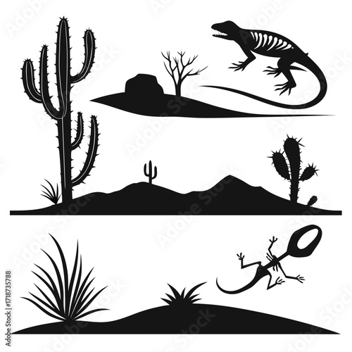 Desert landscape silhouettes with cacti and lizards