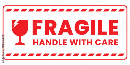A bold red vector graphic of a fragile warning label, used for shipping and packaging, with a broken glass symbol and 'Handle with Care' text