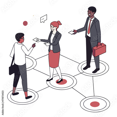 Diverse business people exchanging cards in a network diagram