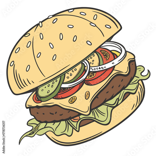 Doodle style hamburger with pickles and onions food