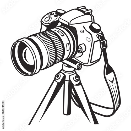 DSLR camera mounted on a tripod with lens and strap