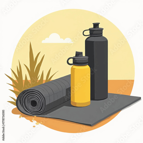 Yoga mat with two water bottles.