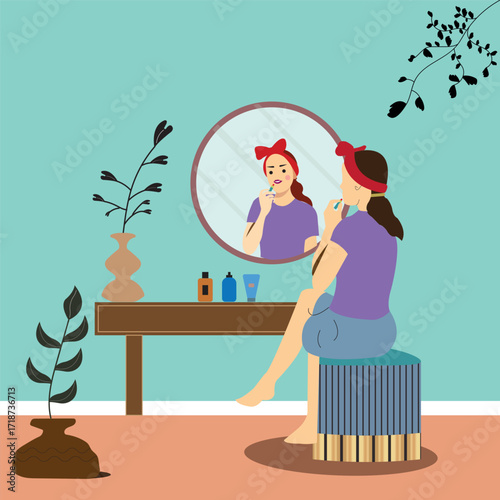 Print beauty routine, self-care, makeup application, morning ritual, cosmetics, dressing table, female empowerment, lifestyle, skincare, personal grooming, home decor, relaxation