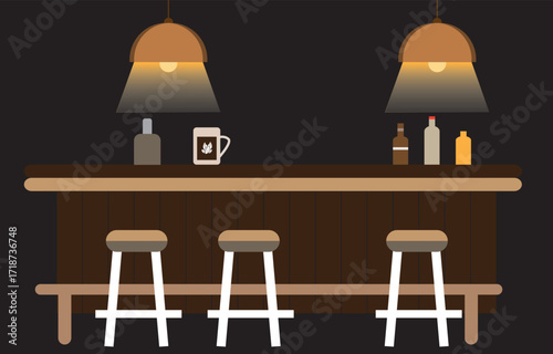 Print bar, counter, stools, pub, drinks, alcohol, nightlife, restaurant, interior, illustration, vector, and cozy.eps