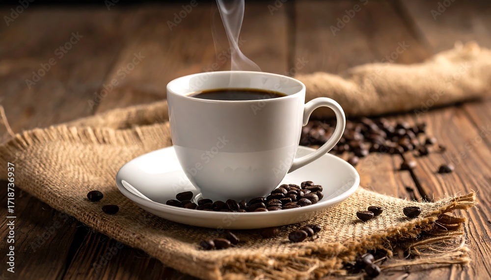 Fototapeta premium Aromatic Coffee Cup on Rustic Wooden Table.