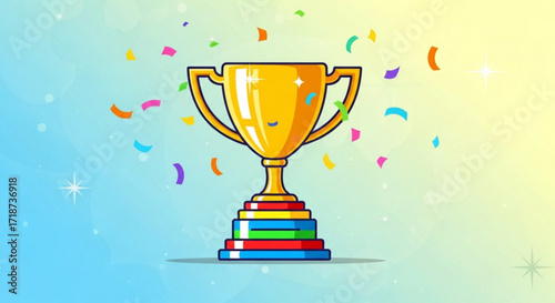 Gold trophy cup award achievement with confetti celebration for winning and success vector illustration