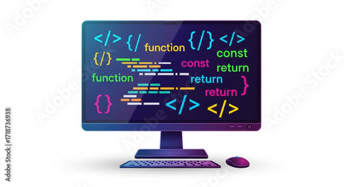 Computer screen showing code programming language function const return html css javascript development code editor