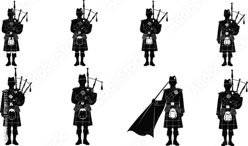 Silhouettes of Scottish bagpipers playing traditional bagpipes in Highland dress, cultural music performance, folk heritage, ceremony, festival, tradition, marching band