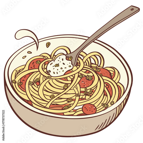 Fork scooping spaghetti with meatballs and creamy sauce Keywords: spaghetti, pasta, meatballs