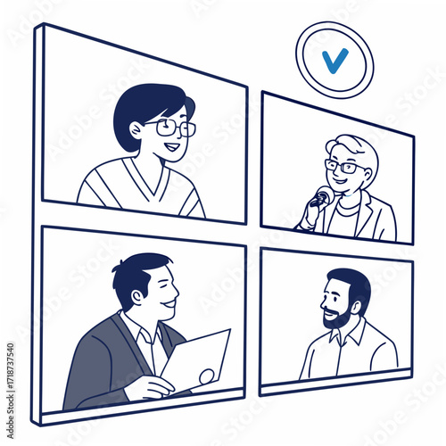 Four people in a grid video conference call online meeting