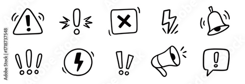 Doodle attention sign icon set. Hand drawn caution signs, warning marks and alert sketch symbols designed to exclamation sign, error or important attention icon doodle. Vector illustration