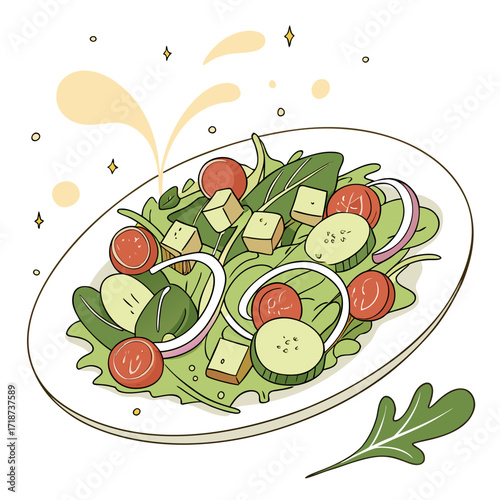 Fresh salad with cheese cubes and cherry tomatoes on a plate