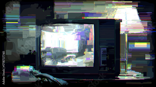 Abstract glitch vector background with distorted television display  