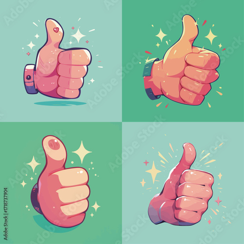 Four vibrant thumbs up illustrations display a range of styles and colors, symbolizing approval and encouragement in a fun and engaging way.