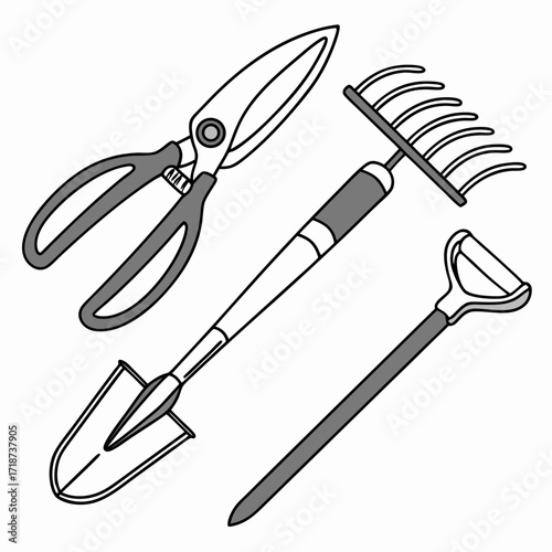 Garden Tools Collection With Shears Trowel Rake and Hand Spade
