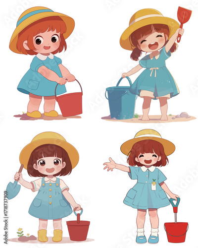 A cheerful young girl is depicted in a colorful summer outfit with a hat, happily engaging in outdoor activities. She holds various tools and buckets in a garden setting.