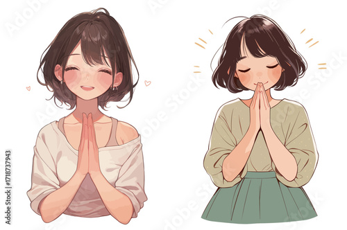 Two young girls are shown, one smiling brightly and the other with hands together in gratitude. They have cute hairstyles and bright expressions, capturing happiness.