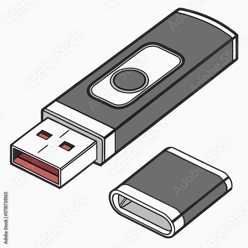 Gray USB flash drive with red USB port and detached cap