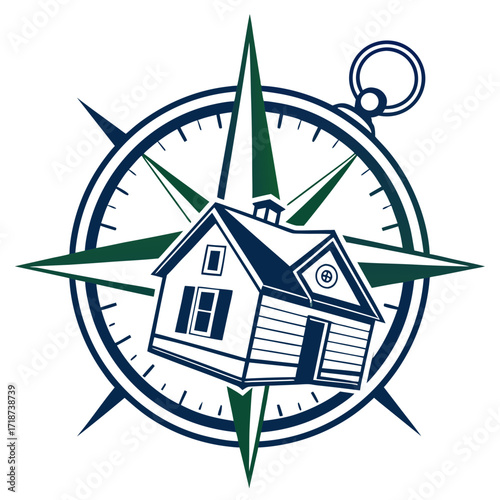 House Centered on a Compass Rose with Cardinal Directions Keywords: house, home, compass