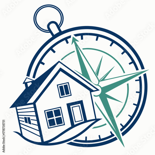 House on a Compass Rose with Directional Arrows Keywords: house, home, compass, navigation