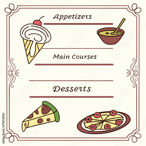 Illustrated Restaurant Menu with Food Icons and Sections