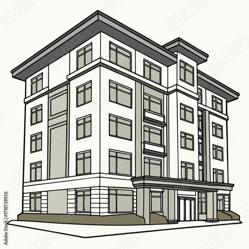 Illustration of a Modern Apartment Building with Architectural Details Keywords: apartment