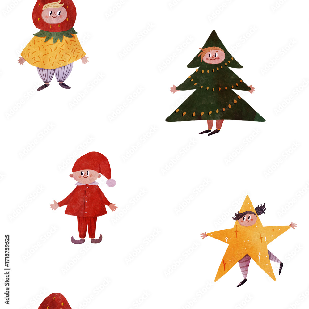 Fototapeta premium Cute seamless pattern with kids in costumes: strawberry, Christmas tree, elf, and star. Watercolor children's illustration style. Ideal for nursery decor, fabric, wrapping paper, or holiday cards