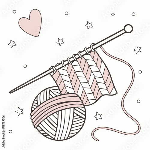 Knitting needle with pink yarn ball and heart Keywords: knitting, yarn, needle, craft, hobby