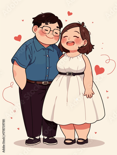 Friendly couple stands close together, beaming with happiness. They are dressed nicely, surrounded by heart motifs, showcasing their affection and love.