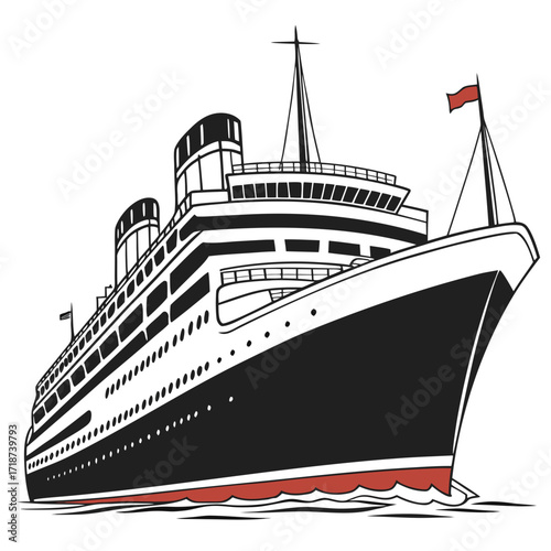 Large black and white cruise ship with red waterline Keywords: cruise ship, ocean liner, vintage
