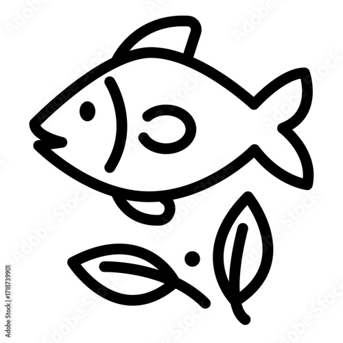 Fish with Leaves Line Icon of Ice Fishing Icon Set