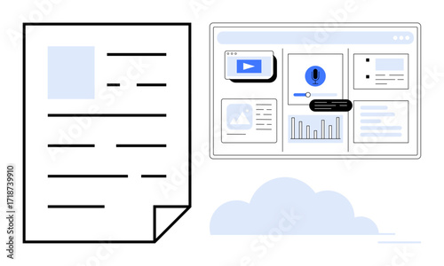 Digital document next to an interface with video, chart, graph, search bar, and cloud storage. Ideal for data analysis, report management, cloud-based services, digital workspace technology