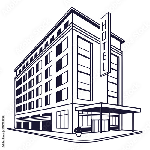 Line Art Hotel Building with Vertical Sign Keywords: hotel, building, architecture, lodging