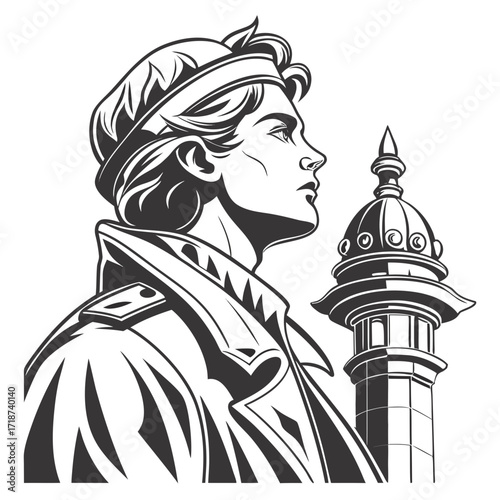 Man in Trench Coat with Architectural Dome in Background