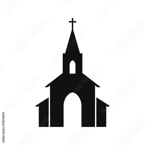 Silhouette of a church standing tall against a plain white sky, representing faith, community and spiritual guidance.