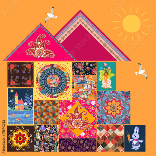 Fairytale patchwork house. A funny cute pattern for a baby blanket or rug.