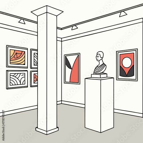 Modern art exhibition with abstract paintings and sculpture