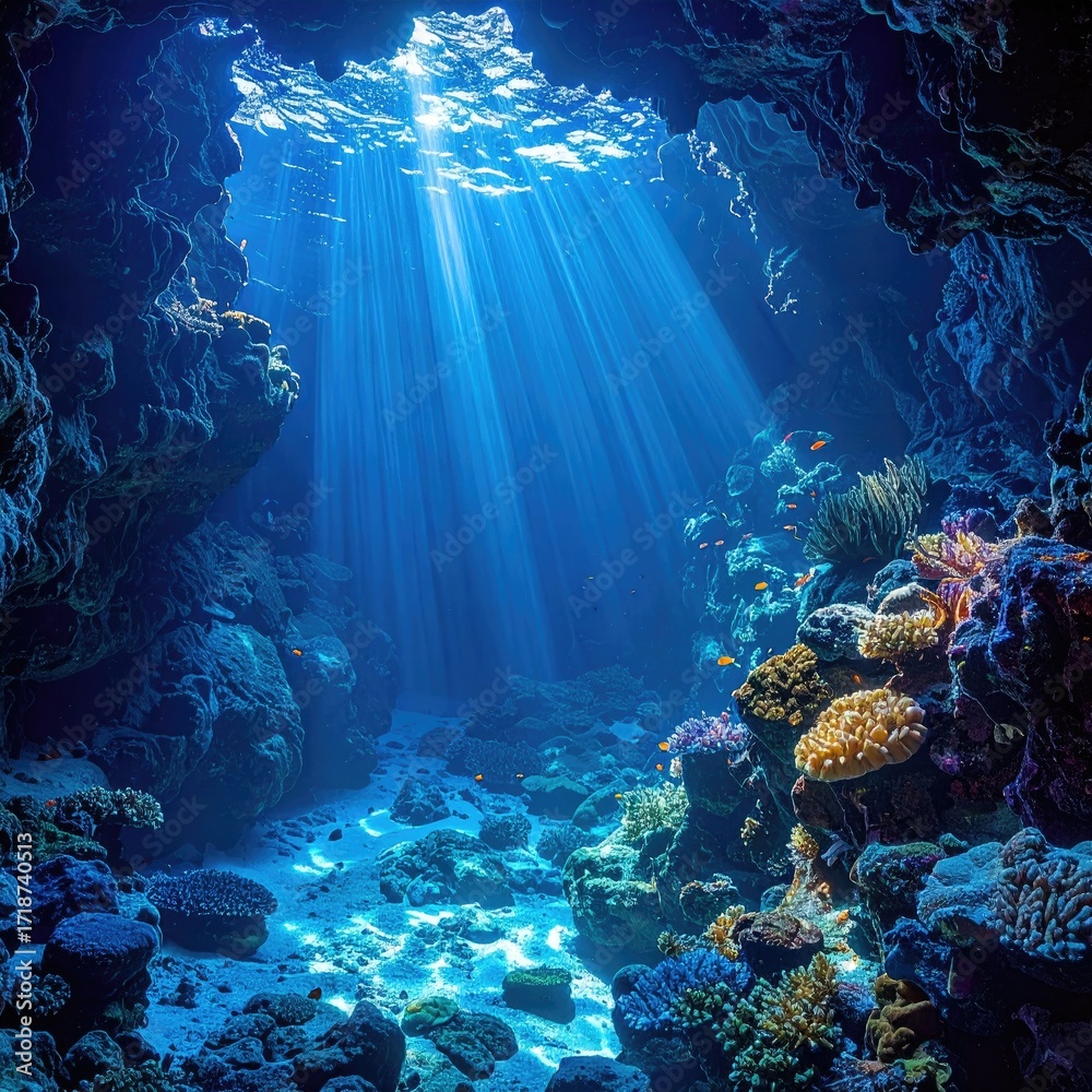 Naklejka premium Sunbeams pierce underwater coral cave