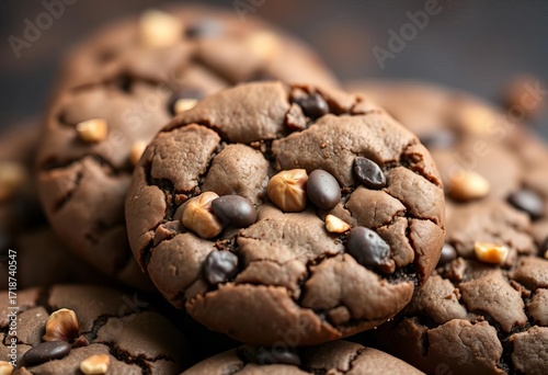 Close-up of several black bean carob hazelnut cookies,  studio,  nuts