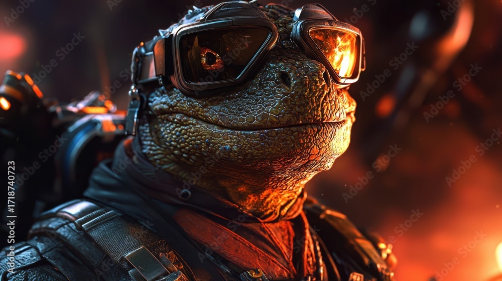 Fototapeta premium A vibrant digital illustration featuring an anthropomorphic lizard as a starship pilot.