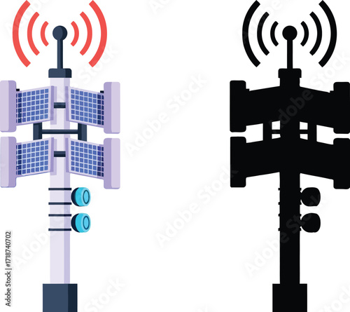 Illustration of cell tower with solar panels and signal waves