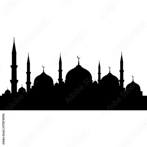 Mosque silhouette stands against a white backdrop, creating a striking contrast and evoking a sense of serenity and spiritual reflection.